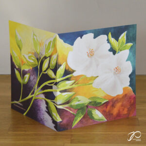 Collection de cartes postales : Carte postale avec duo de fleurs blanches sur fond coloré - vue dépliée