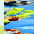 Recto de la carte postale "Confluences 2"- peinture stylisée de mer et rocher